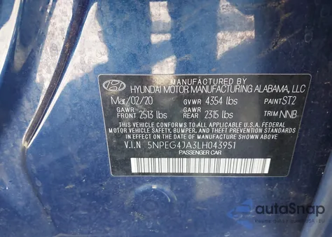 2020 Hyundai Sonata Se z USA, uszkodzony, nr VIN 5NPEG4JA3LH043951